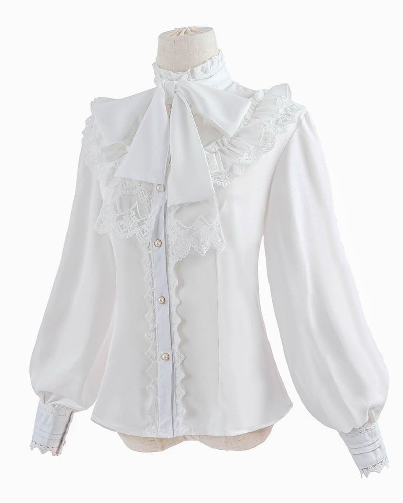 Nuoqi Women Lolita Lace Stand-Up Collar White Lotus Ruffle Shirt Retro Victorian Blouse GC238A, A-white, X-Large - Image 2